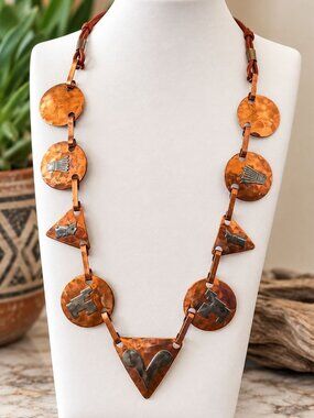 Vintage Southwestern Artisan Copper Silver Tone Leather Statement Necklace